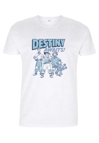 Camiseta de algodón blanca con un estampado gráfico azul de tres personajes de dibujos animados y el texto "¡EL DESTINO TE ESPERA!" arriba.