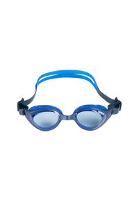 Mörkblå simglasögon med en mjuk silikonram, spegelblå linser och dubbla justerbara blå remmar för en säker passform.
