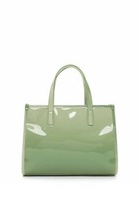 Borsa verde lucida con due manici robusti, forma rettangolare, texture liscia e design senza cuciture. Nessun hardware o accentuazione visibile.