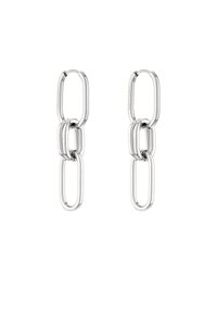Orecchini in metallo argento con forme ovali collegate, di dimensioni variabili. Texture liscia con finitura lucida e design ad anello aperto.