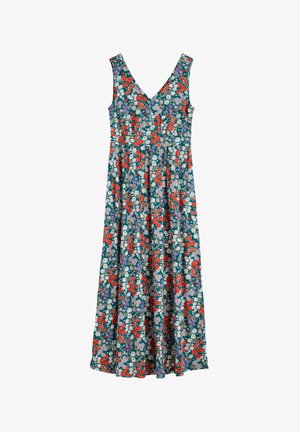 Vestido maxi floral con escote en V, hecho de tela ligera, que presenta un estampado de flores rojas y moradas sobre un fondo verde azulado.