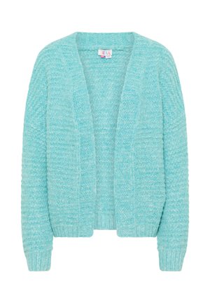 Světle modrý kardigan vyrobený z texturované, měkké pleteniny. Model s otevřeným předním dílem a dlouhými rukávy, zakončenými žebrovanými manžetami. Bez zapínání a vzorů.