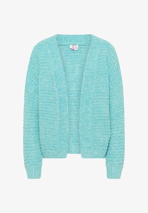 Vaaleansininen neulecardigan, joka on valmistettu texturoituneesta, pehmeästä neuloksesta. Avoin etuosa, pitkät hihat ja ribbaatut hihansuut. Ei kiinnityksiä eikä kuvioita.