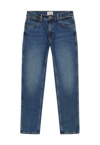 Blå denimjeans med rak passform, fem fickor och dragkedja. Tvätt i blekt utförande med subtila slitningar och kontrasterande sömnadsdetaljer.