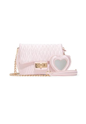Small pink quilted handbag with gold clasp and chain, accompanied by a matching pink heart-shaped mirror charm with wrist strap.