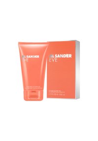 Korallfärgad tub av Jil Sander Eve parfymerad duschgel, 150 ml, med vit text. Åtföljd av matchande låda med glansig yta och silverdetaljer.