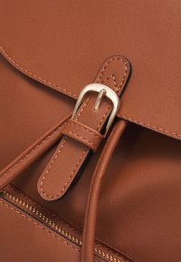 Hnědý batoh z umělé kůže s překlopným uzávěrem, který má zlatavou sponu a kontrastní zipový detail. Hladký povrch, jednoduchý design.