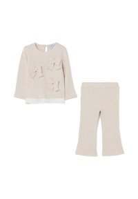 Beige lange mouw top met drie decoratieve strikken, gecombineerd met bijpassende flared broek, beide gemaakt van zachte brei-stof.