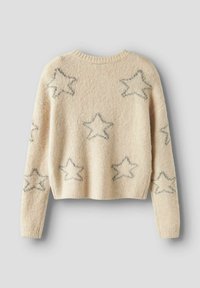 Světle krémový svetr s jemnou texturou, zdobený šedými hvězdami. Má dlouhé rukávy a kulatý výstřih, s croppovaným střihem.