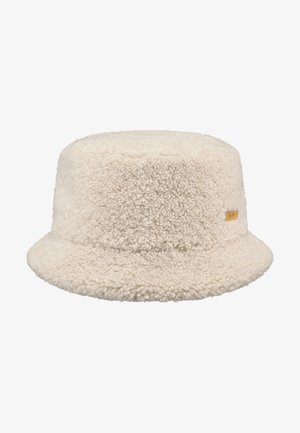 Cremefarbene Bucket-Hat aus strukturiertem Fleece mit einem breiten, flachen Rand und einem dezenten Markentag an der Seite. Weiches und gemütliches Design.