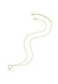 Zelta ķēdes kaklarota ar apaļu piekari, kas izrotāts ar caurspīdīgiem dārgakmeņiem. Ķēde izceļas ar smalku, teksturētu dizainu un ir regulējama garumā.