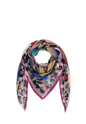 Kolorowy jedwabny szalik z abstrakcyjnym wzorem lamparta i żywymi różowymi, niebieskimi, pomarańczowymi oraz żółtymi akcentami, ułożony w luźną pętlę.
