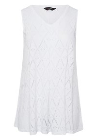 Ärmlös vit klänning med V-ringning och diamantformad ögla, med en utställd silhuett och mjukt tyg.