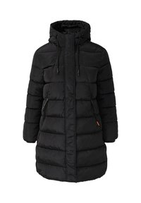 Schwarze Daunenjacke mit Kapuze, horizontal abgesteppten Abschnitten, verstellbaren Kordeln und zwei mit Reißverschluss versehenen Seitentaschen.