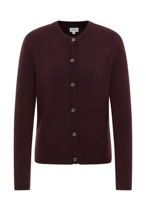 Cardigan vișiniu din material moale, cu guler striat și închidere cu cinci nasturi, mâneci lungi și tiv drept.