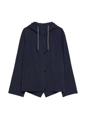 Giacca con cappuccio blu navy con chiusura frontale con bottoni, coulisse a righe bianche e blu navy e due tasche frontali.