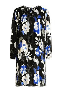 Schwarzes Blumenkleid mit gefälteltem Design und blauen, weißen und cremefarbenen Blumen. Lange Ärmel mit elastischen Bündchen und einem Schlüsselaugen-Detail im Rücken.