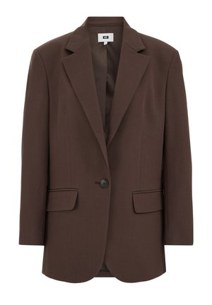 Hnědý blejzr s jedním knoflíkem, s klopami s výkrojem a kapsami s klopou, rovný střih a podšívka.