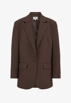 Rjavi enodružinski blazer z enim gumbom, izrezanimi reverji in žepki z zavihki, krojenim krojem in notranjo podlogo.