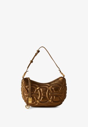 Metallic bronze shoulder bag with textured quilted design, circular patterns, a braided strap, and a small gold-tone accent.