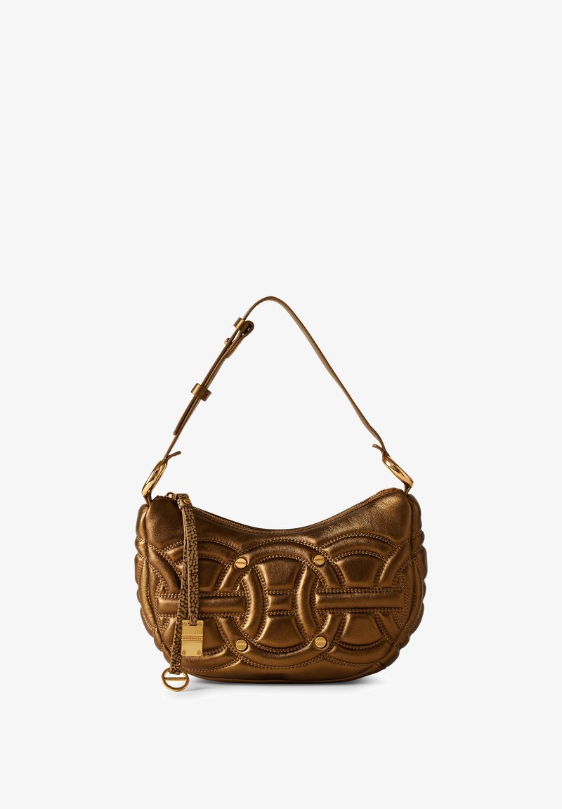 Metallisch bronze Schultertasche mit strukturiertem, gequiltetem Design, kreisförmigen Mustern, einem geflochtenen Riemen und einem kleinen goldfarbenen Akzent.