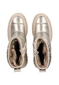 Metallisch silberne Ankle Boots mit gestepptem Finish, beigem Fellfutter und Gummisohlen. Reißverschluss an der Außenseite, runde Zehenform.