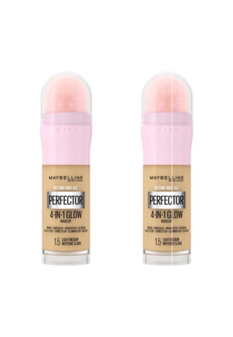 Maybelline Perfecter 4-en-1 Glow maquillage, deux contenants cylindriques avec un capuchon rose pâle, présentant une teinte claire à moyenne et un applicateur à double fonction.