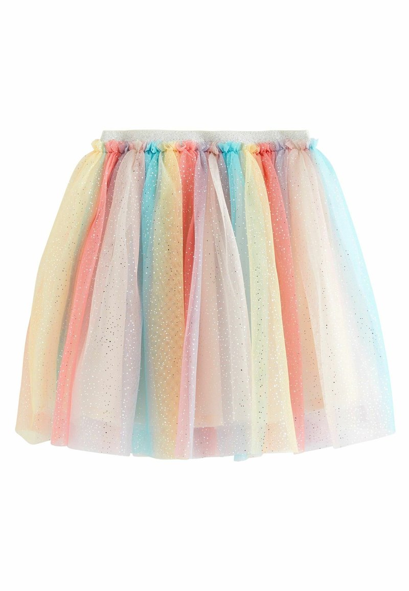 Jupe en tulle aux couleurs de l'arc-en-ciel, parsemée de points pailletés argentés et dotée d'une ceinture élastique argentée, composée de couches de tissu pastel rose, bleu, jaune et violet.