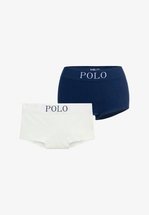 Dos calzoncillos tipo boyshort sin costuras en azul marino y blanco, cada uno con "POLO" impreso en la cintura.