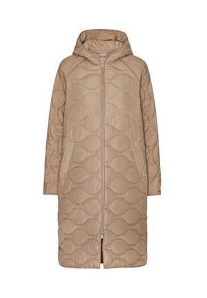 Beige gewatteerde jas met capuchon, voorzien van een doorgestikt golvend patroon, frontale ritssluiting en twee zijzakken. Soepele textuur. Knie-lange uitvoering.