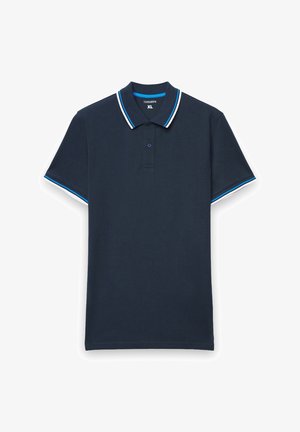 Polo blu navy in cotone, con apertura a due bottoni, colletto e polsini a righe bianche e azzurre, taglia XL.