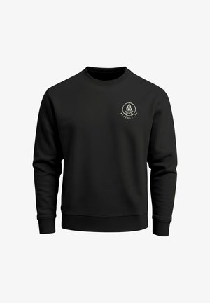 Schwarzer Sweatshirt mit Rundhalsausschnitt, gerippten Bündchen und Saum, mit einem kleinen kreisförmigen Logo in heller Farbe auf der linken Brust.