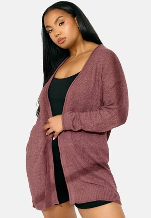 Cardigan lungo e aperto davanti di un colore mauve sfumato, realizzato in un morbido materiale lavorato a maglia, con polsini a coste e una silhouette rilassata.