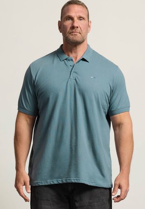 Mann mit kurzen Haaren und Bart steht frontal, trägt ein türkisfarbenes Poloshirt mit kurzen Ärmeln und dunkle Hose vor einem schlichten Hintergrund.