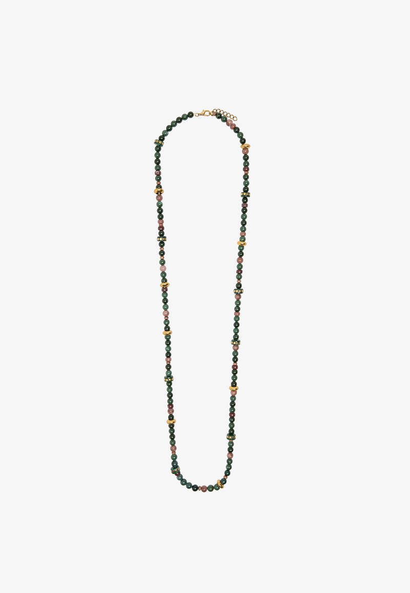 Naszyjnik z koralikami z zielonymi i różowymi kamieniami, przetykany złotymi akcentami i czarnymi dekoracyjnymi elementami. Długi i symetryczny wzór.