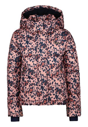 Veste matelassée à capuche rose avec motif léopard noir et rouge foncé et poches avant zippées.