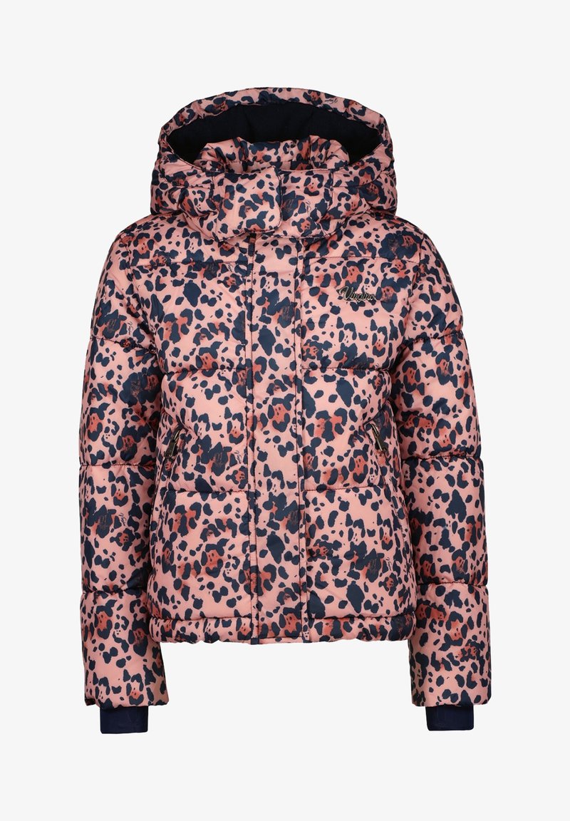 Veste matelassée à capuche rose avec motif léopard noir et rouge foncé et poches avant zippées.