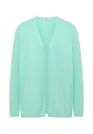 Mintgroene openvallende cardigan met lange mouwen en een V-hals, gemaakt van lichtgewicht gebreide stof.