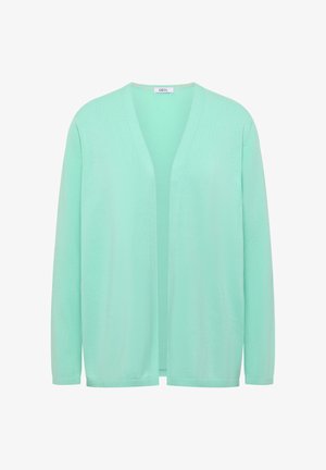 Cardigan verde menta a maniche lunghe con davanti aperto e collo a V, realizzato in tessuto maglione leggero.