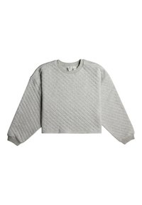 Gray cropped sweatshirt with quilted texture, long sleeves, and a ribbed crewneck. Features diagonal stitching pattern and elastic cuffs.