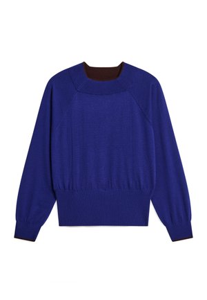 Pull en maille bleu avec un ourlet et des manches côtelés. Doté d'un col rond d'une couleur brune contrastante, avec une coupe décontractée.