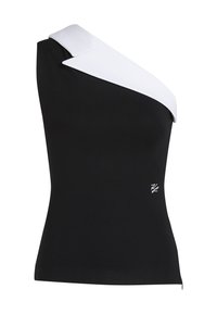 One-shoulder top in black fabric with a contrasting white collar detail. Features a fitted shape and a small logo in the lower right corner.