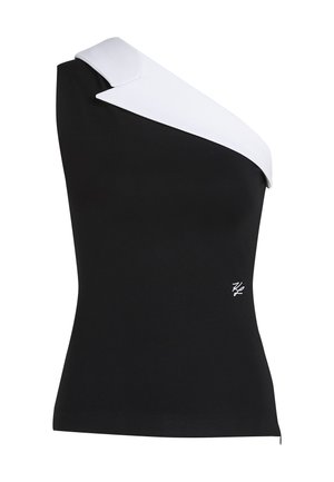 One-shoulder top in black fabric with a contrasting white collar detail. Features a fitted shape and a small logo in the lower right corner.