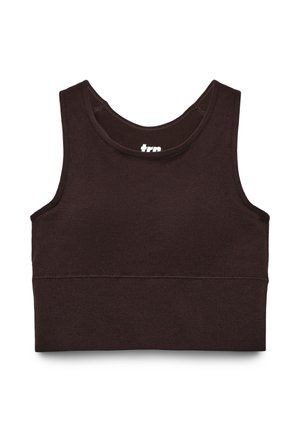 Top corto marrone scuro senza maniche realizzato in tessuto morbido ed elasticizzato. Presenta una scollatura rotonda e una texture liscia e uniforme.