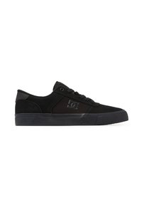 Black sneakers with suede and canvas materials, flat laces, rubber sole, and textured accents; features DC logo on the side.
