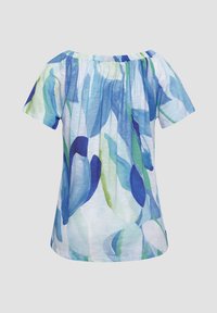 Short-sleeve top with an off-the-shoulder design, featuring a blue and green leaf pattern on a light blue background. Cotton blend material.