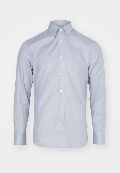 Long-sleeve button-up shirt in blue and white striped fabric. Features a pointed collar and a straight cut with button front.