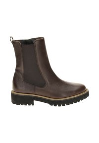 Brown leather ankle boots with elastic side panels, textured upper, round toe, and chunky rubber sole. Features a pull tab at the back.
