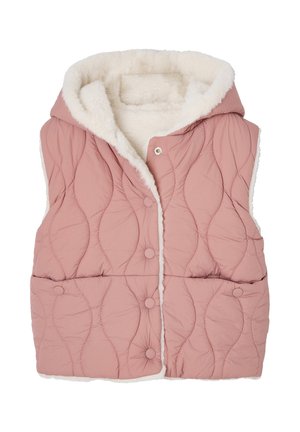Gepolsterte Weste in sanftem Rosa, mit einem strukturierten Wellenmuster, einem weißen Kunstfell-Haubenfutter und Druckknöpfen. Ohne Ärmel, gestepptes Design.