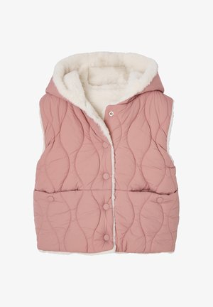 Gepolsterte Weste in sanftem Rosa, mit einem strukturierten Wellenmuster, einem weißen Kunstfell-Haubenfutter und Druckknöpfen. Ohne Ärmel, gestepptes Design.